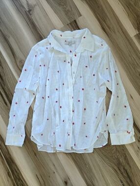 LOFT Strawberry Embroidered White Button-down Blouse 🍓